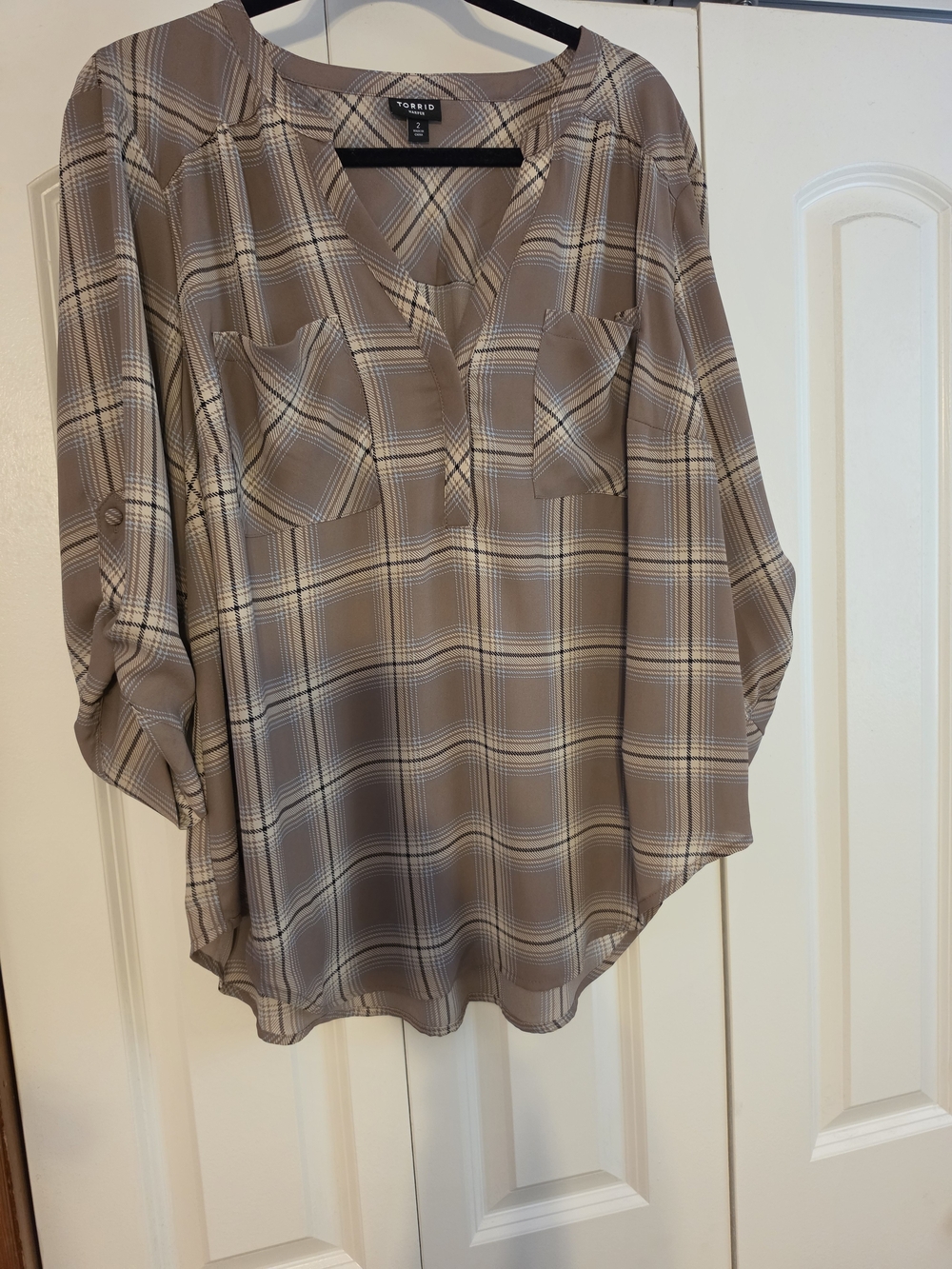 Torrid Taupe Plaid Harper Georgette 3/4 Sleeve Blouse